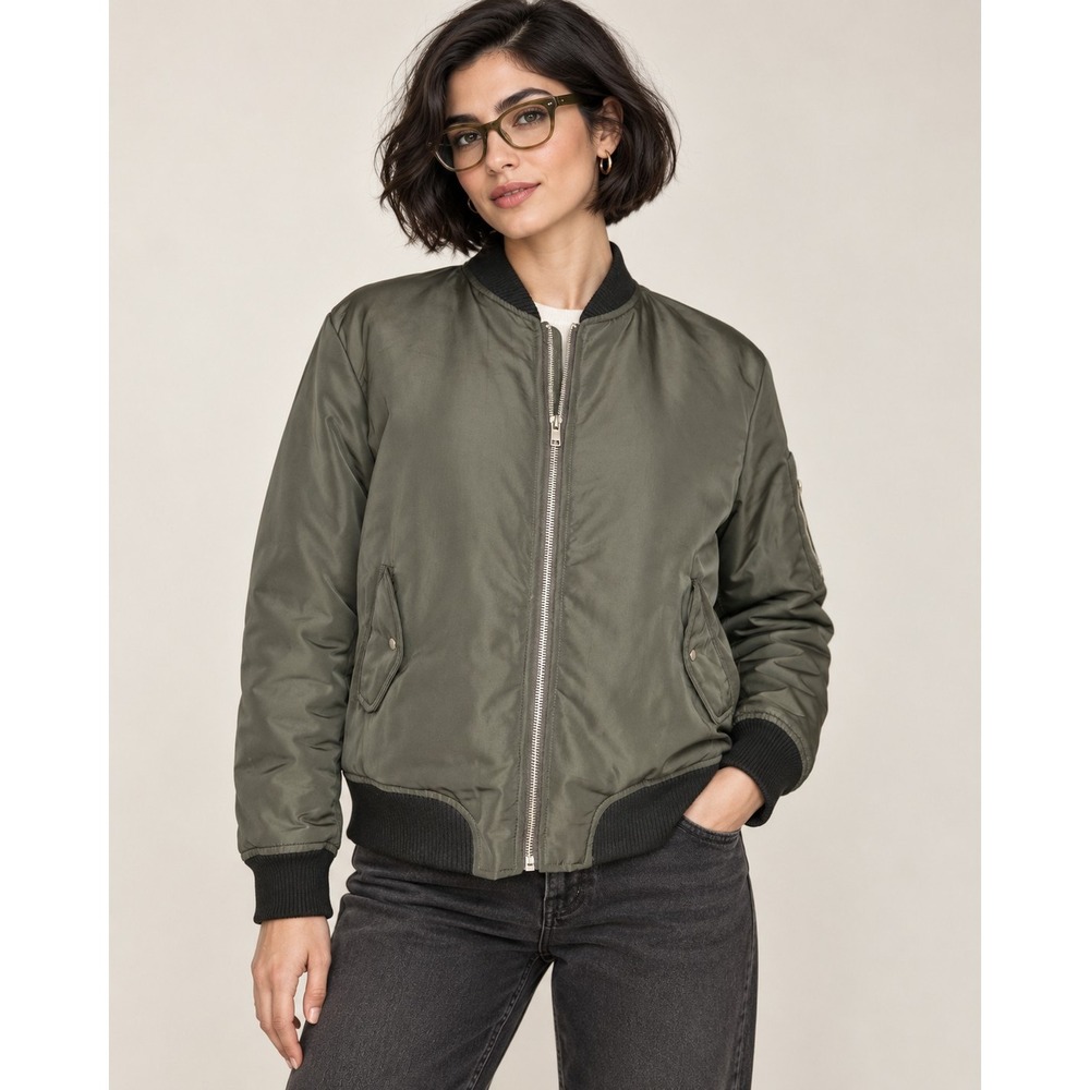 Olivia Grey Olive Green Bomber Jacket Womens Small Utility Flight Coat Ribbed S